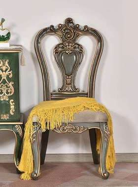 美式乡村全实木餐椅桦木双面雕花凳子炭灰色家用靠背椅轻奢复古风