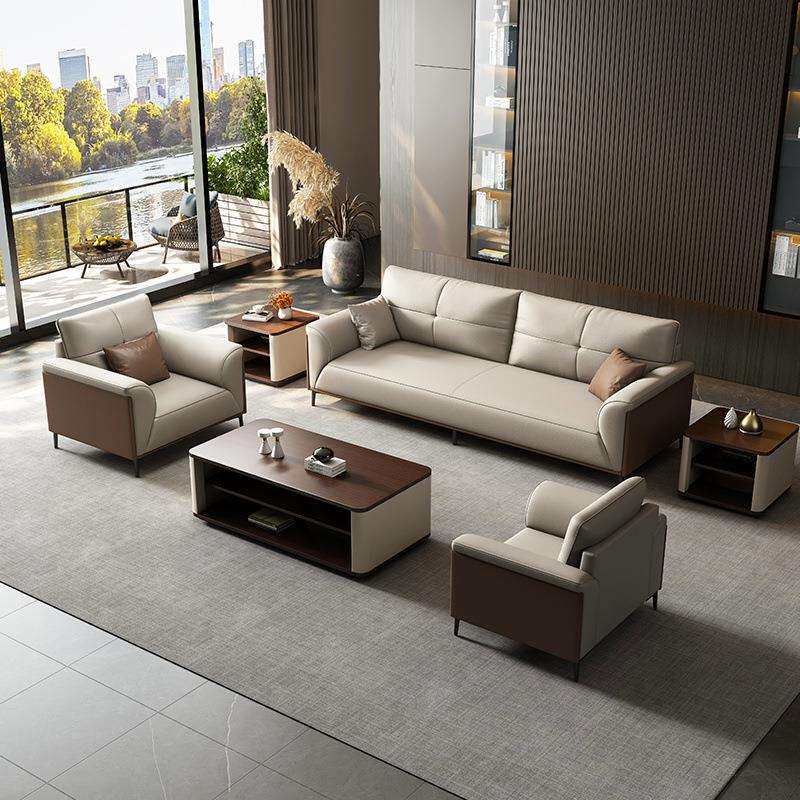 办公沙发茶几组合套装简约接待室休闲会客三人位真皮办公室皮沙发