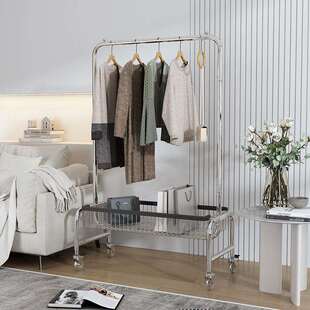 落地衣架家用简易挂衣架长款单杆晾衣架子室内带篮子置物架衣帽架