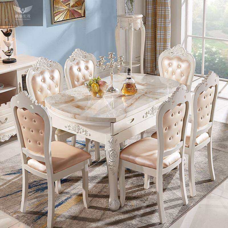 家用欧式餐桌椅组合大理石多功能实木简欧折叠型圆形饭桌伸缩圆桌