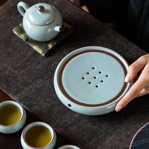 天青汝窑壶承干泡盘开片可养茶壶托盖碗托水果盘茶点盘陶瓷九孔壶