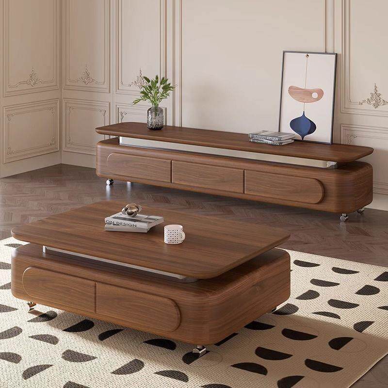 新胡桃色中古风实木茶几简约现代小户型客厅电视柜茶几组合储物柜