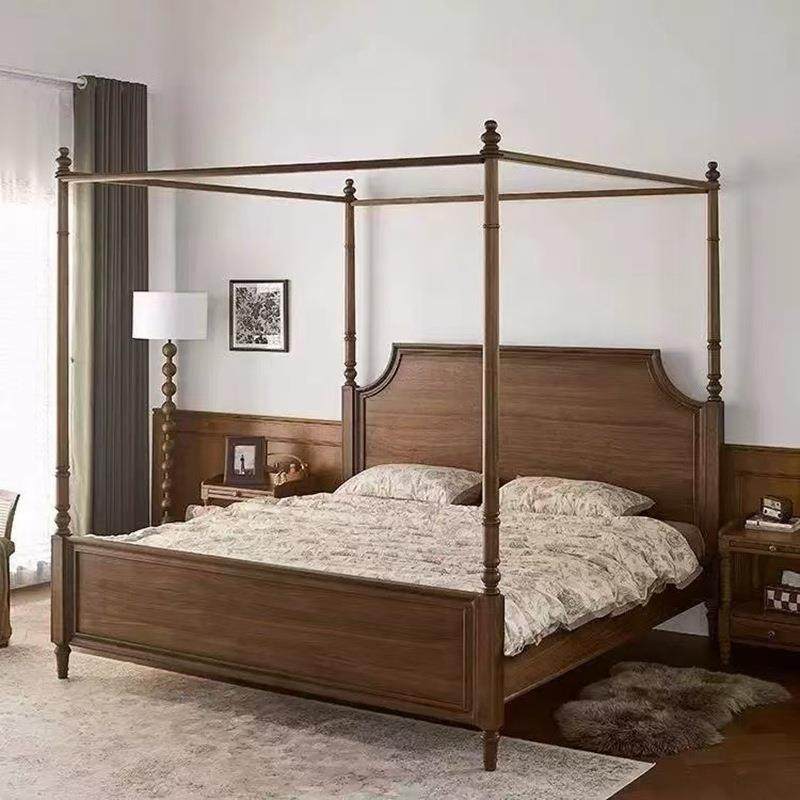 美式实木架子床复古四柱子蚊帐床胡桃色1.8米双人床法式中古床