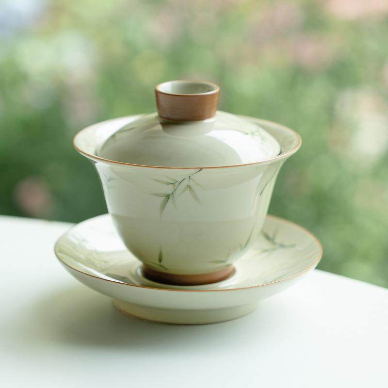 纯手绘筱竹圆满盖碗单个家用陶瓷茶碗茶杯泡茶器不烫手冲茶器