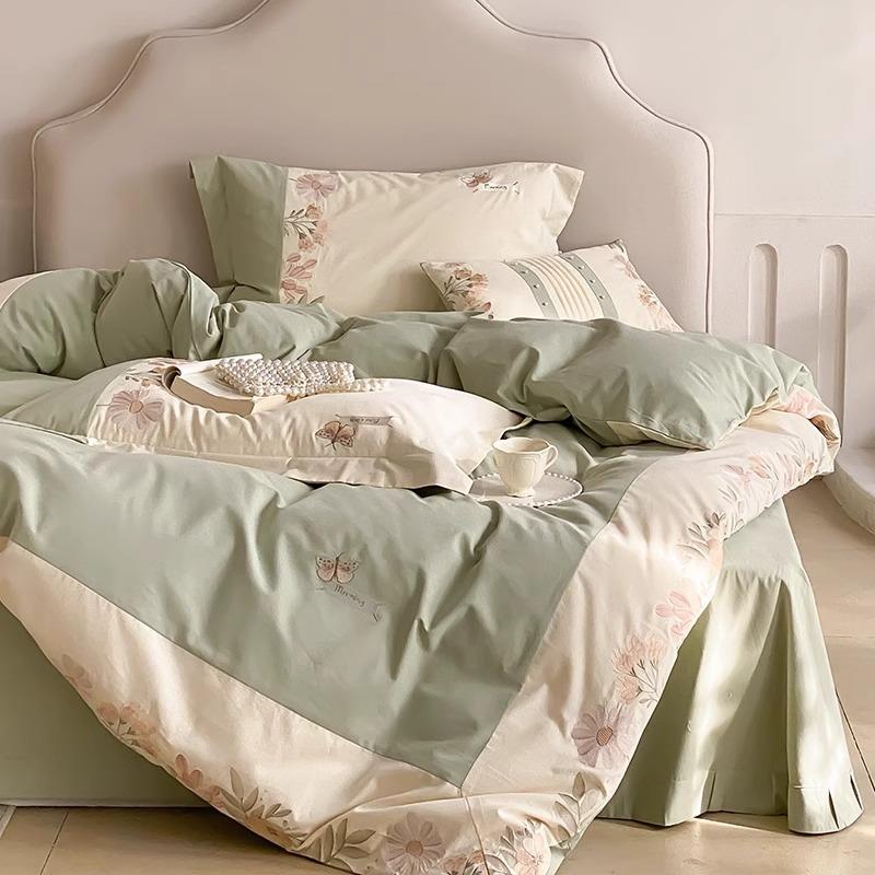 小清新甜美风秋冬磨毛全棉四件套刺绣纯棉被套床单双人床床上用品