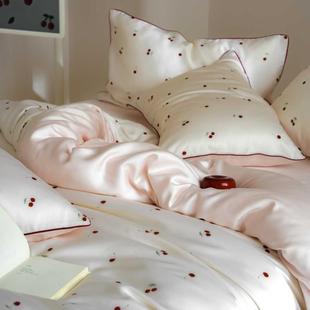 A类60支兰精天丝四件套樱桃印花夏季 裸睡丝滑床单被套1.8m床品