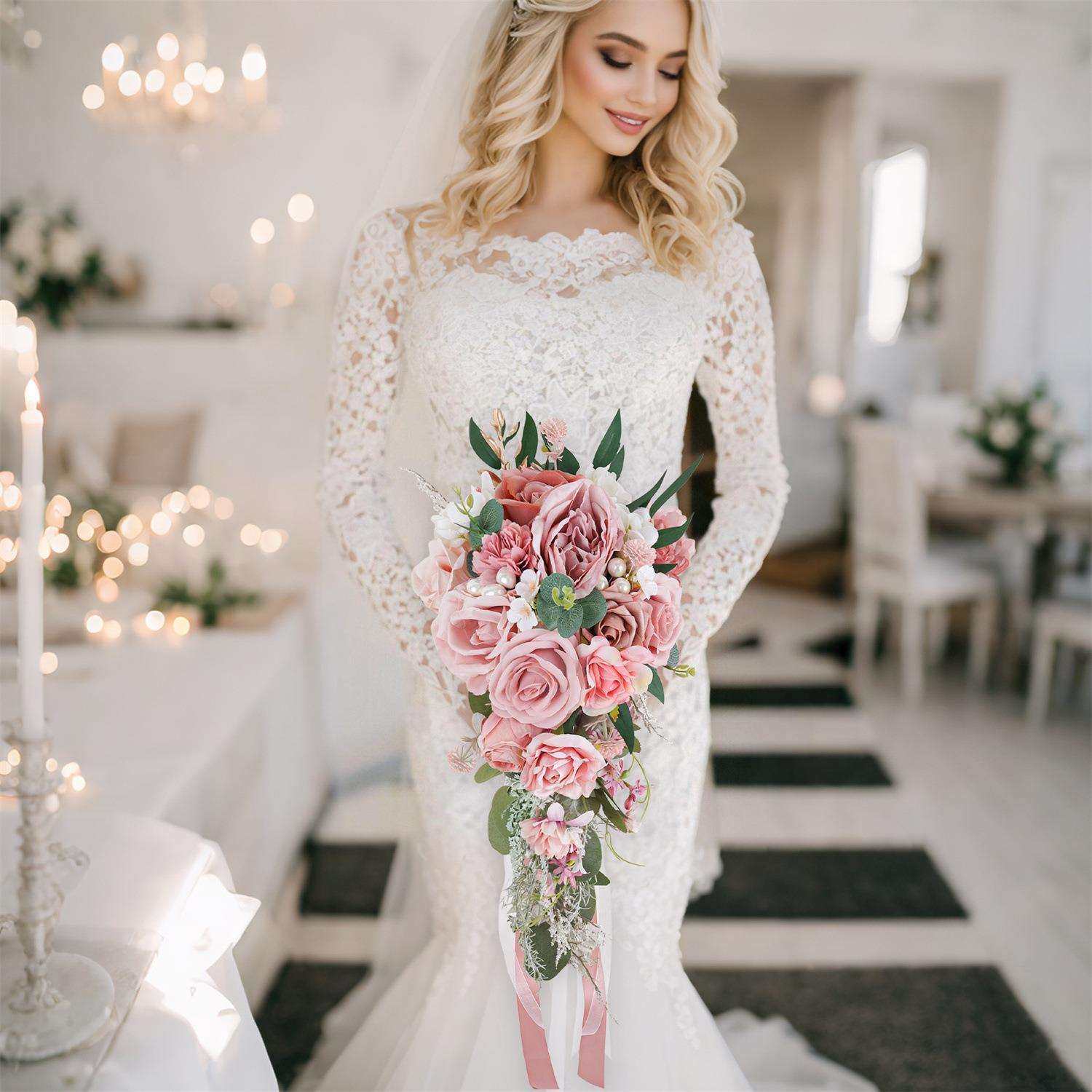 欧式粉色系婚礼新娘水滴手捧花仿真花结婚拍照手拿花束婚庆场景布