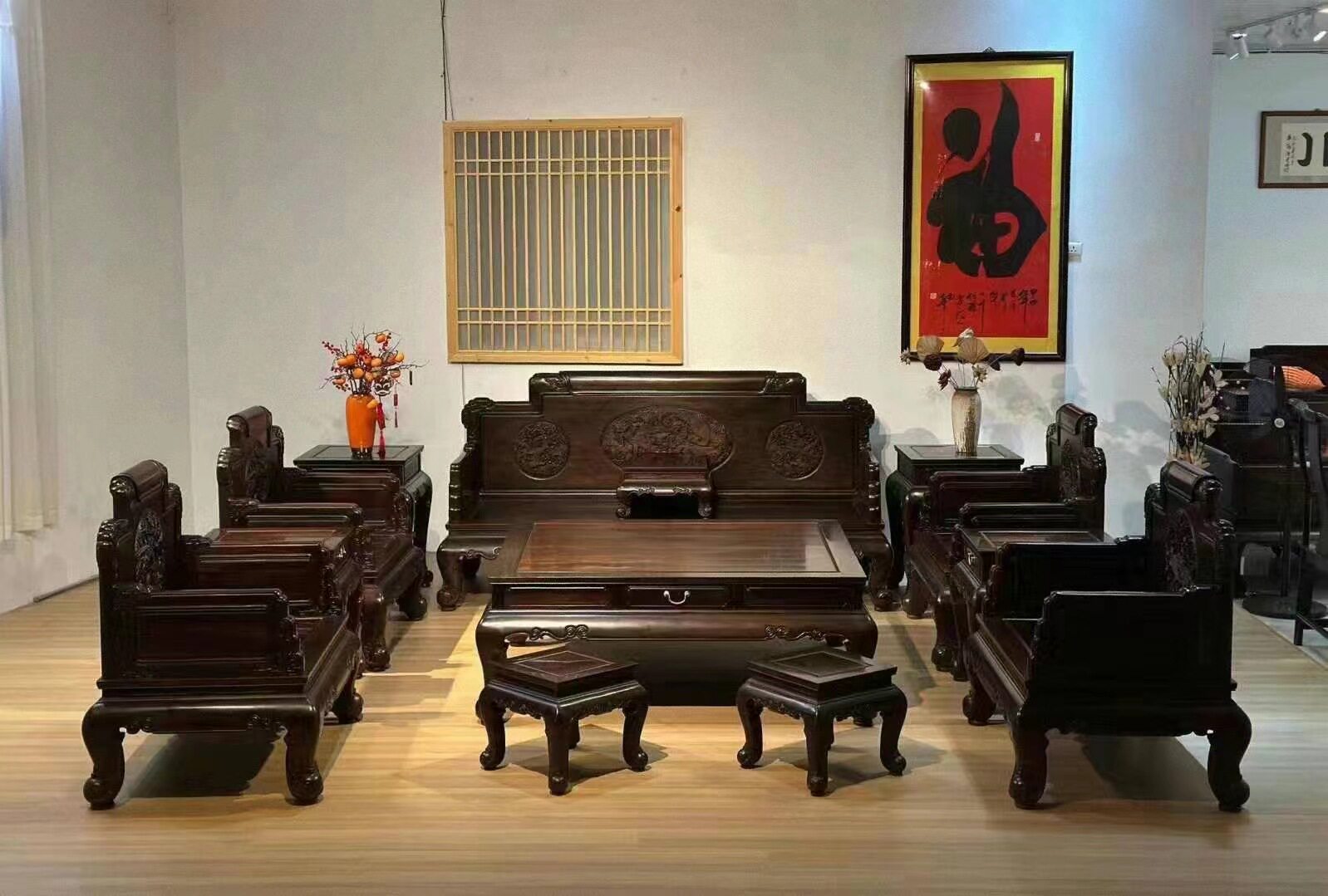 大红酸枝交趾黄檀明清式凤戏牡丹踩珠沙发宝座组合客厅经济型沙发