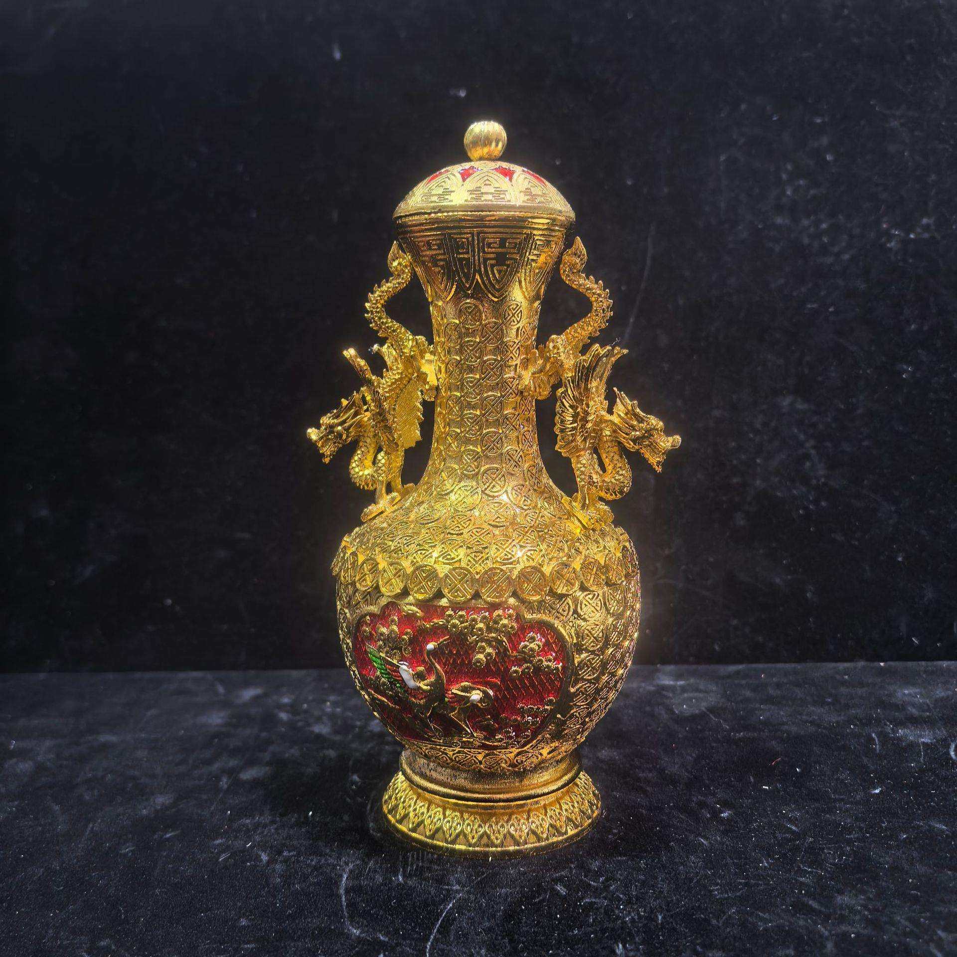 杂项仿古做旧纯铜鎏金双龙耳玄关摆件树脂金色花瓶摆设工艺品