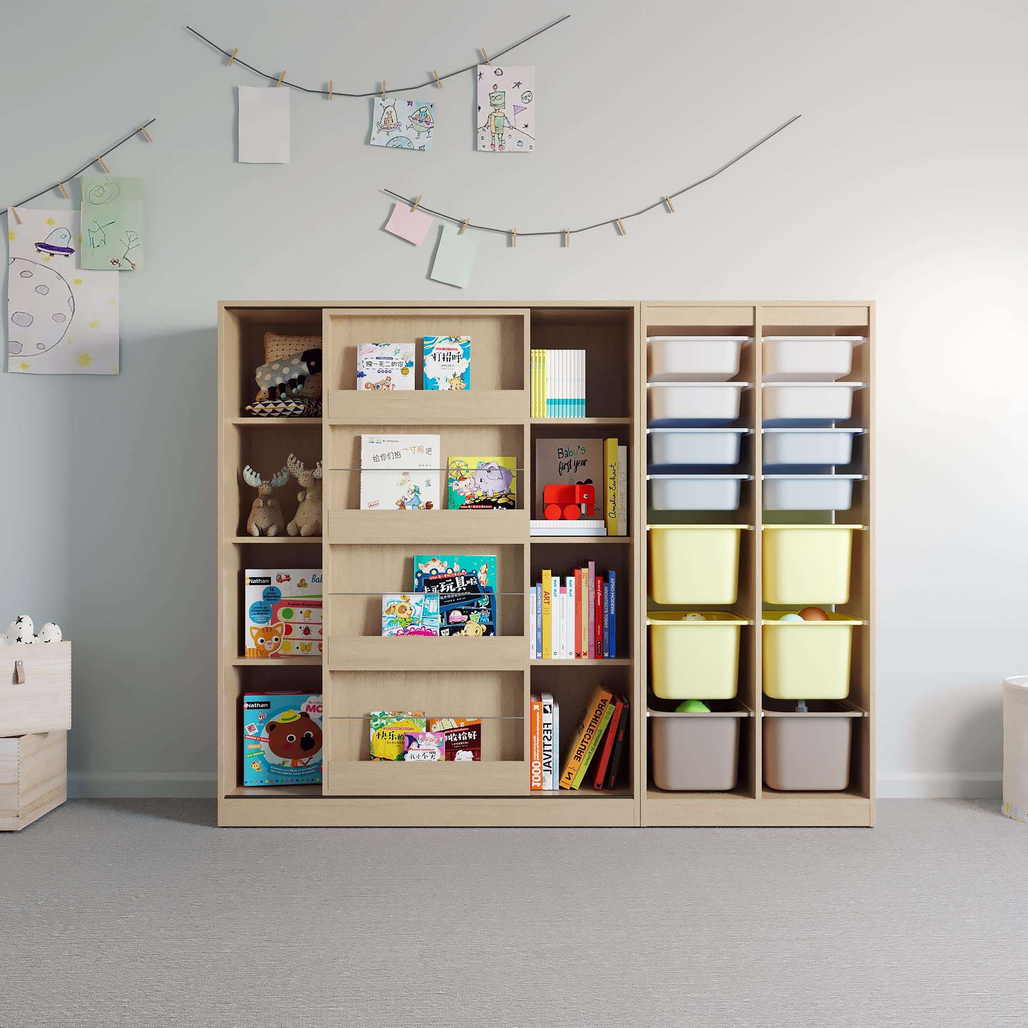 2I原木色实木儿童书架落地书柜推拉门置物架绘本架宝宝收纳