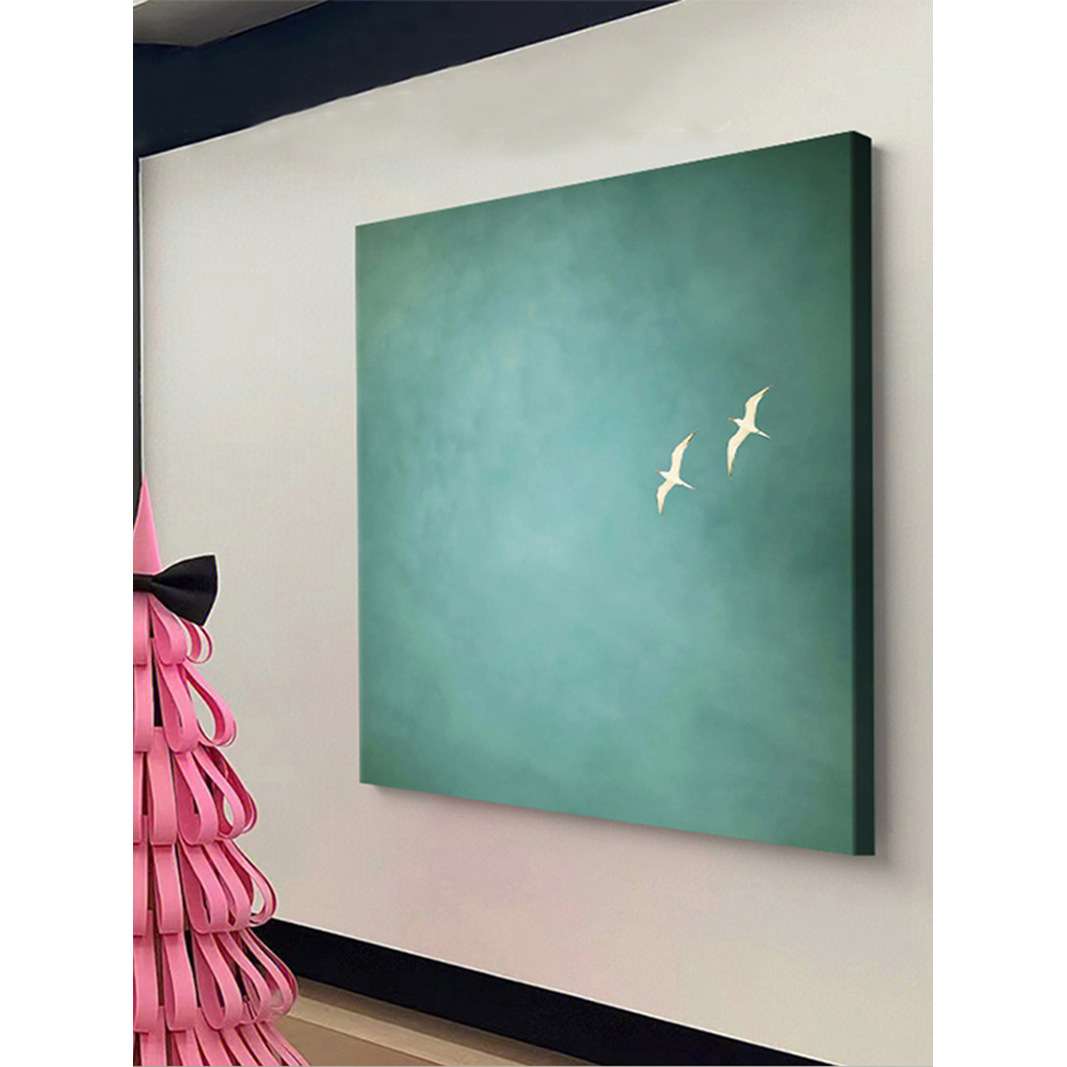 新中式绿色极简抽象留白飞鸟图客厅装饰画玄关背景壁画正方形挂画图片