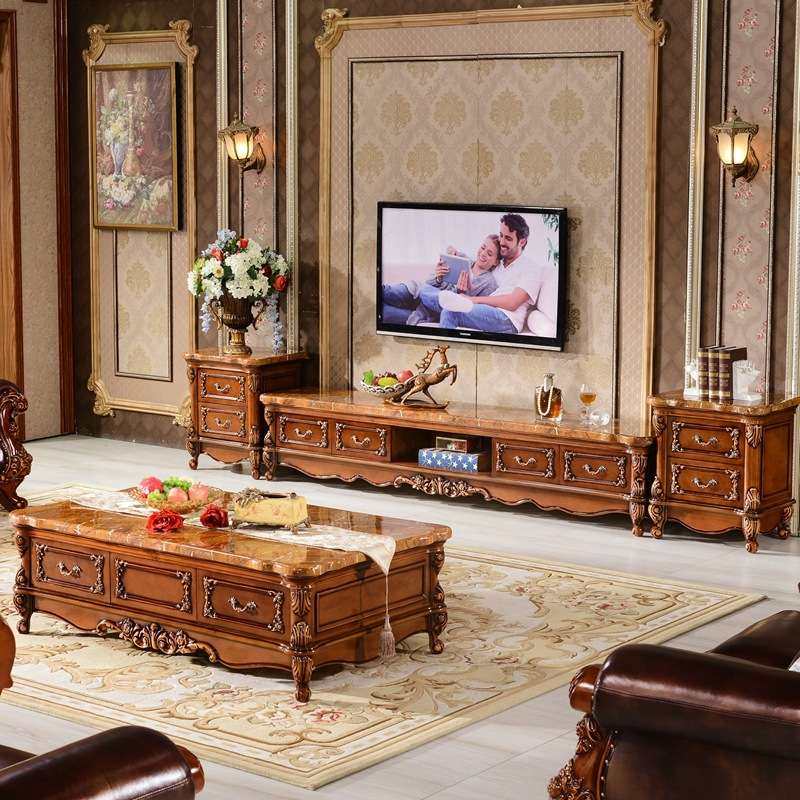 欧式大理石电视柜实木家用客厅大小户型茶几组合落地复古储物柜子