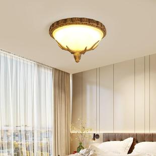 美式乡村田园风鹿角吸顶灯树脂鹿头造型玻璃灯罩圆形餐厅灯阳台灯