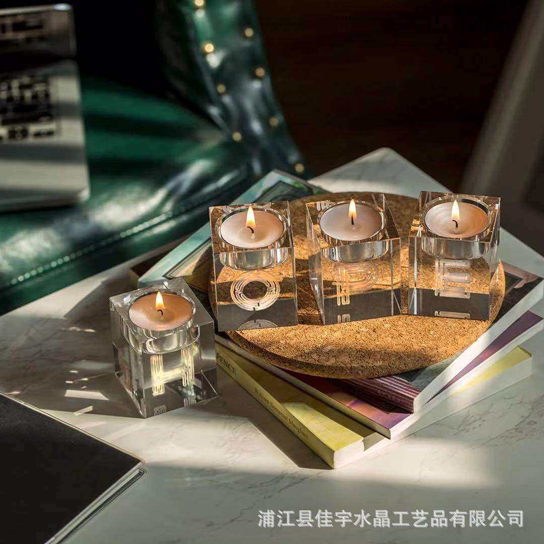 新品水晶蜡烛杯雕刻文字图案简约欧式摆件水晶小蜡烛台烛光晚餐