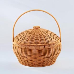 圆形手提带盖手工野餐户外篮子仿藤编织拜拜提篮家用买菜带饭框