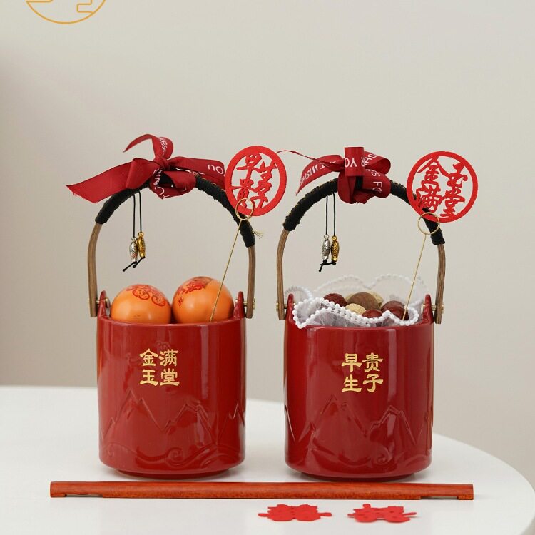 仲夏知己结婚子孙桶一对陶瓷婚庆用品女方陪嫁红色喜桶娘家嫁妆品