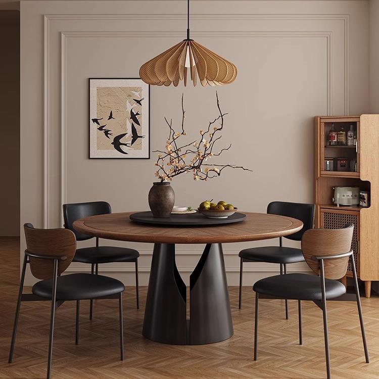 中古风意式极简木纹拼花实木岩板餐桌法式简约桌黑色中小户型圆桌