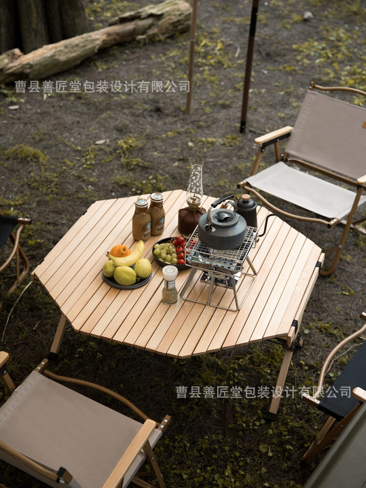 户外便携自驾游家用简易野餐桌木制八角蛋卷桌露营折叠桌