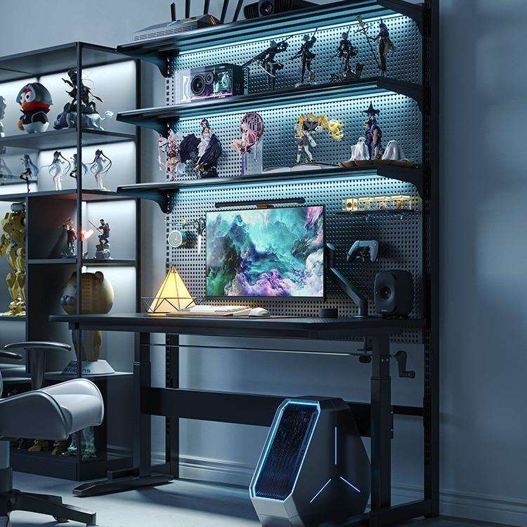 升降电竞桌带立式洞洞板台式电脑桌子电竞房搭配家用书桌书架一体