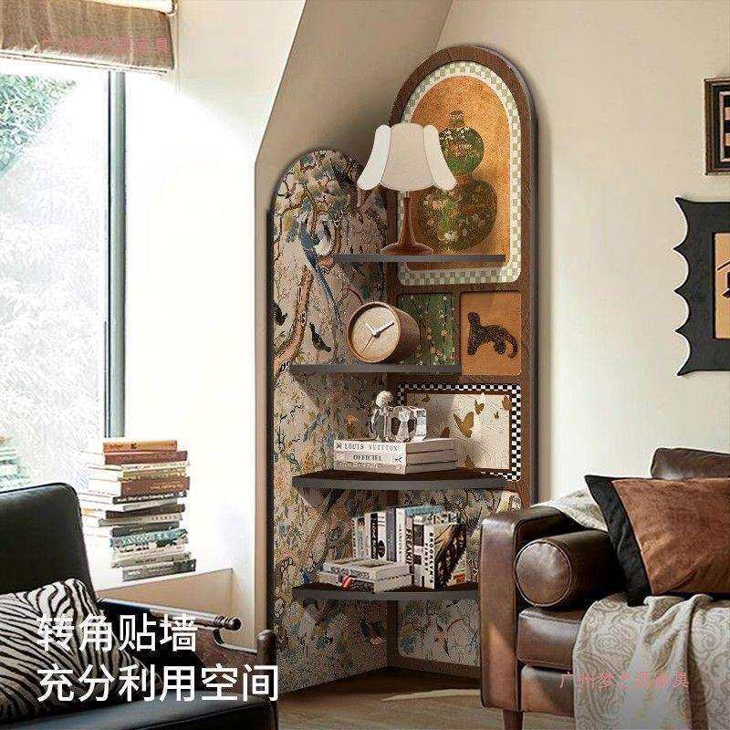 中古风落地摆件客厅电视柜旁边转角柜复古置物架多层收纳柜三角柜