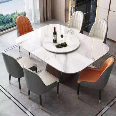 简约设计中纤板木纹色底座岩板桌 可伸展公寓客厅多功能餐桌