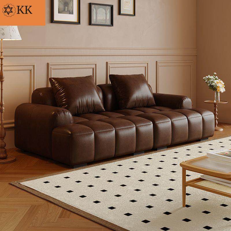 猫抓油蜡皮泡芙沙发客厅家用小户型公寓直排美式方块复古风沙发