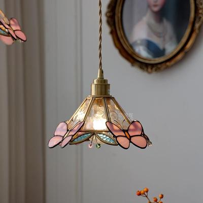 纯手工焊锡灯法式床头吊灯美式复古女孩房粉色玻璃蝴蝶装饰吊灯礼