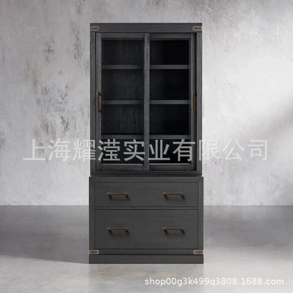 美式复古实木书柜带红橡木展示柜客厅储物收纳柜子家用落地置物架