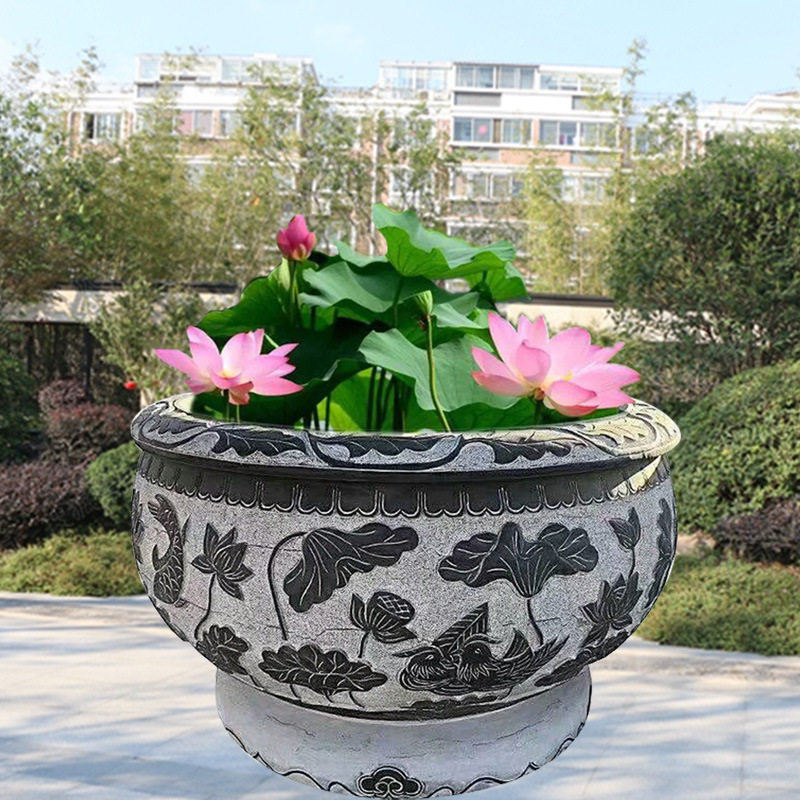 石雕门海荷花池鱼缸石材圆缸花盆庭院青石头槽养鱼池手工雕刻鱼缸