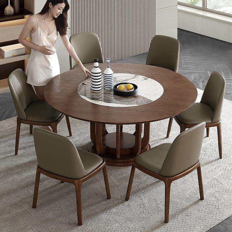 岩板圆形餐桌椅组合带转盘新中式家用客厅圆型纯实木北欧大圆餐桌