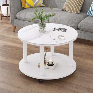 圆形岩板玻璃木板茶几小户型客厅家用边几喝茶桌加轮子可移动