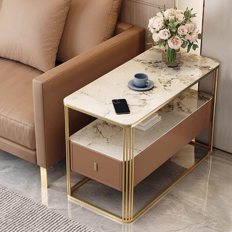 轻奢高级感沙发边柜岩板台面边几客厅收纳侧边柜皮质沙发旁边茶几