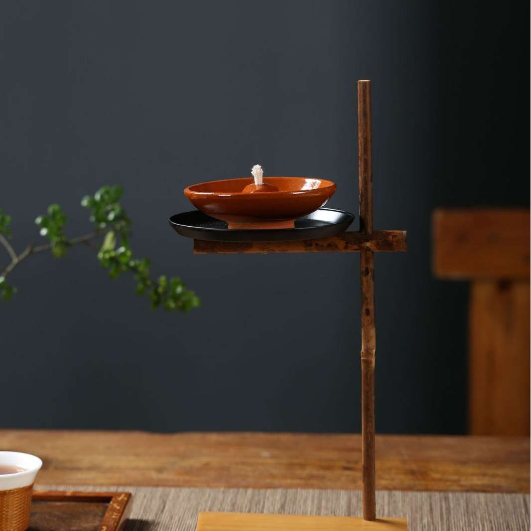 新中式梅鹿竹竹编台灯复古烛台长明灯茶道酥油灯盏茶桌摆件