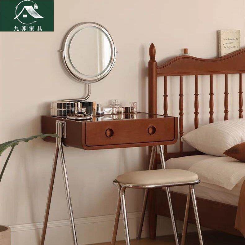 北欧实木梳妆台网红复古原木卧室化妆台日式小户型迷你床边化妆桌