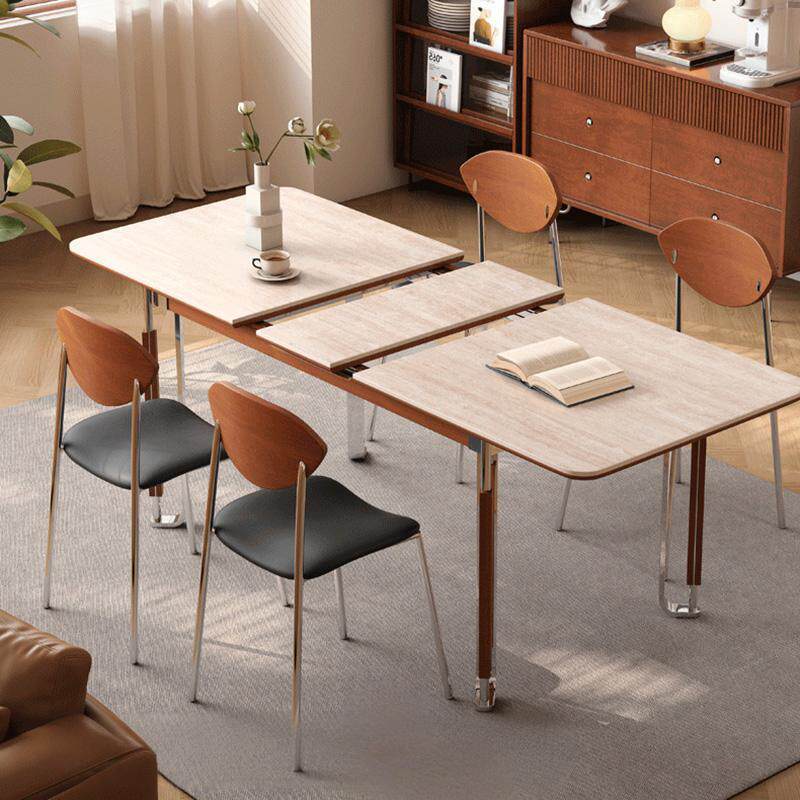 罗马洞石岩板实木伸缩餐桌长方形家用洞石白色中古风餐桌椅组合