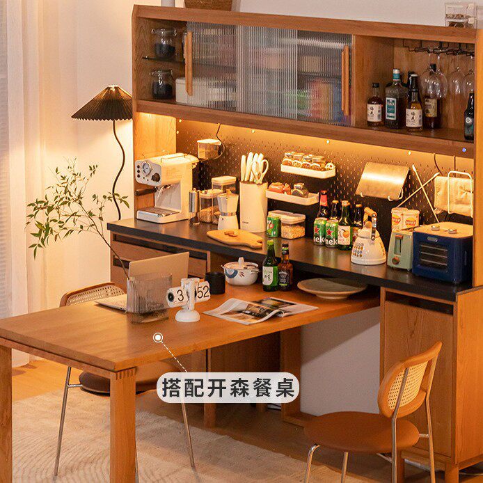 宙斯餐边柜多功能收纳柜哥本哈根樱桃实木岩板餐厅一体靠墙储物柜