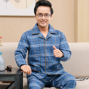 薄夹棉睡衣男冬款 春秋加厚纯棉长袖 中老年人男款加大码宽松套装