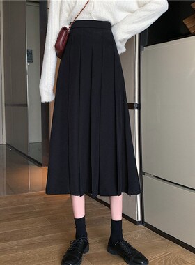 大码轻熟风黑色百褶裙中长款高腰半身裙胖mm秋冬垂坠感A字长裙子