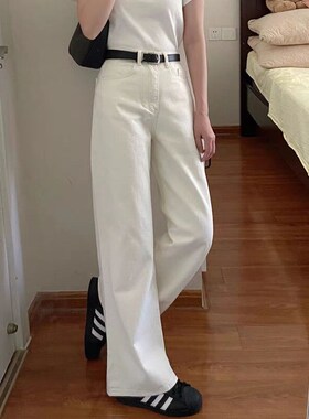 白色阔腿牛仔裤女2025年春夏季新款宽松显瘦垂感小个子窄版直筒裤