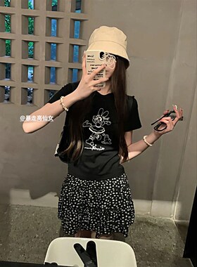 175高个子黑色碎花短裙女夏季高腰a字显瘦半身裙芭蕾风波点蛋糕裙