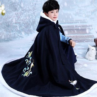 儿童汉服披风斗篷冬季男孩加绒加厚外出保暖中国古风男童披肩带帽
