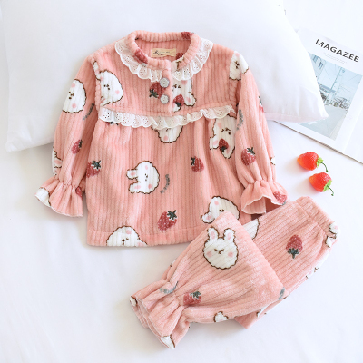 儿童秋冬加厚法兰绒睡衣套女童公主花边珊瑚绒套头家居服宝宝卡通