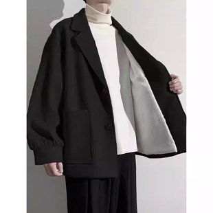 秋冬季呢子大衣高级感羊羔绒外套男短款加绒风衣休闲西装毛呢大衣