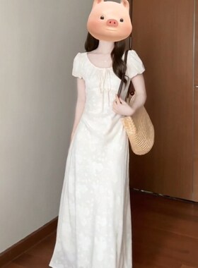 XZY/欣争艳 胖mm法式优雅气质白色提花连衣裙女夏季温柔茶歇长裙