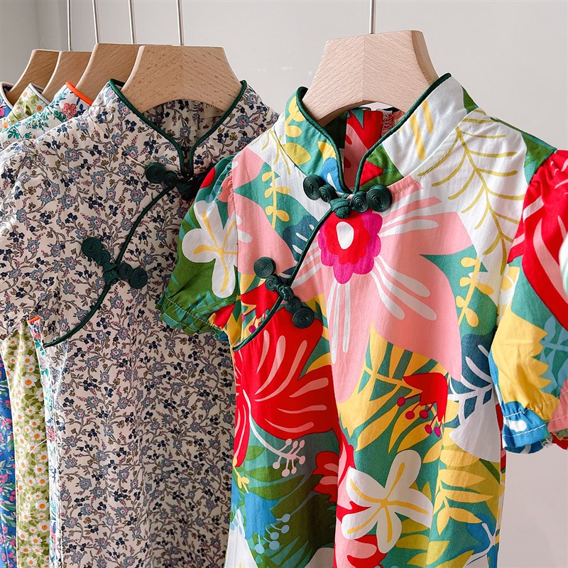 夏日薄软小旗袍 儿童裙子 女童纯棉立领短袖连衣裙童装 山东网店