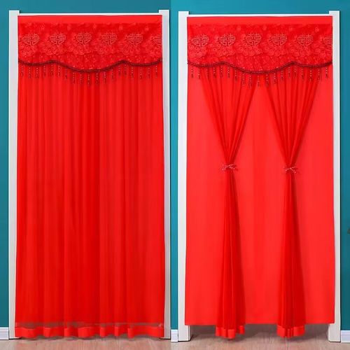 婚庆用品双层门帘婚房家用红色喜庆卧室免打孔新款蕾丝防蚊门帘
