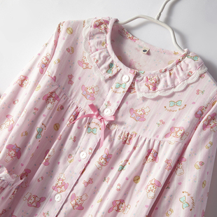 可爱风纯棉纱布长袖睡衣套装女童春秋薄款亲子夏短袖七分裤家居服