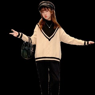 女童半高领毛衣冬季加绒加厚打底衫女孩冬装中大童假两件针织衫潮