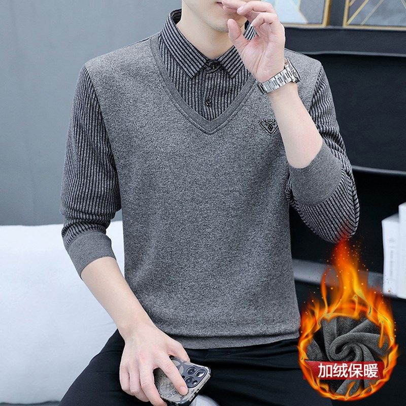 保暖内衣男单件上衣秋冬季加绒加厚衬衫领线衣防寒发热贴身打底衫