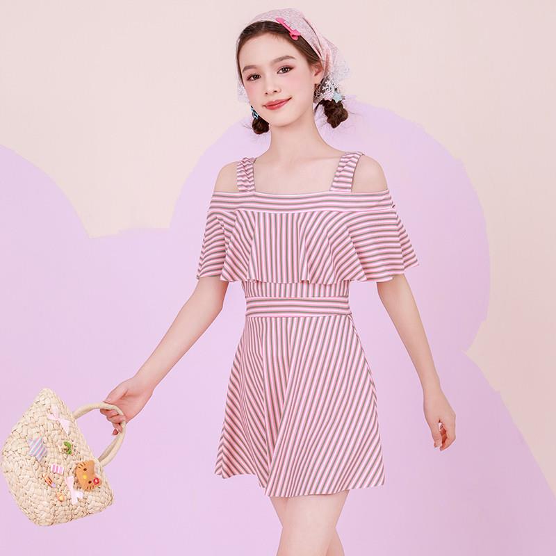 高货少女粉色小清新女童中大童10-15岁泳衣学生保守裙式连体